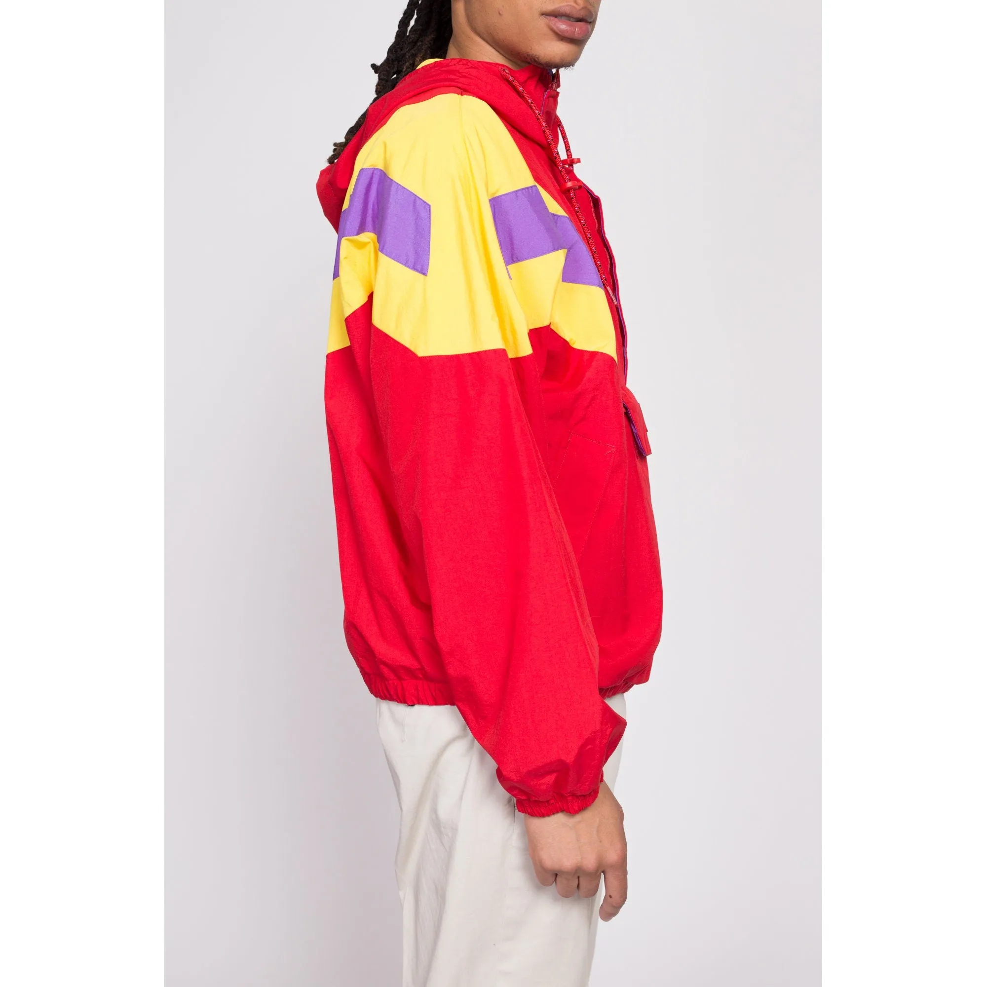 80s Red Color Block Windbreaker Hoodie - Men's Medium