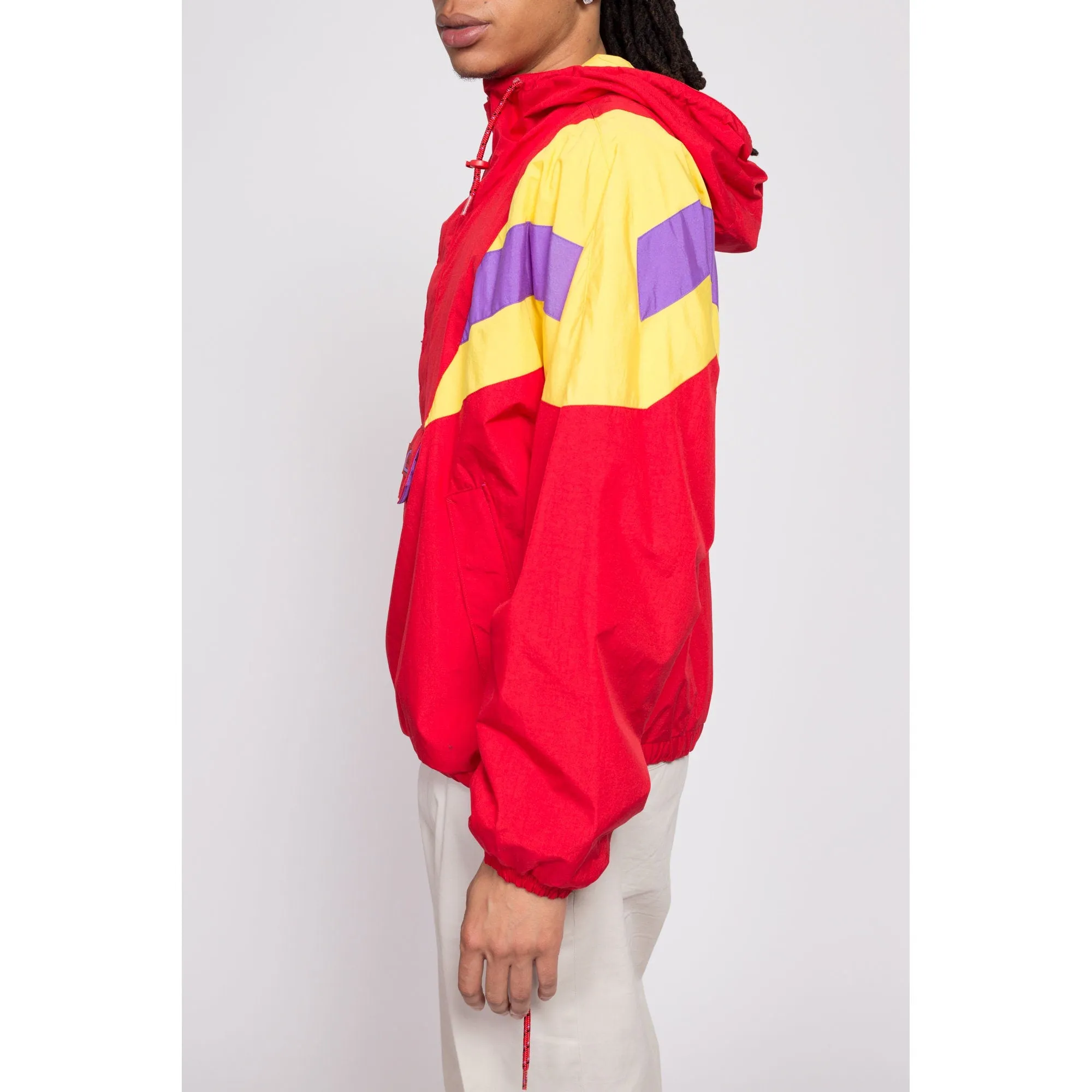 80s Red Color Block Windbreaker Hoodie - Men's Medium