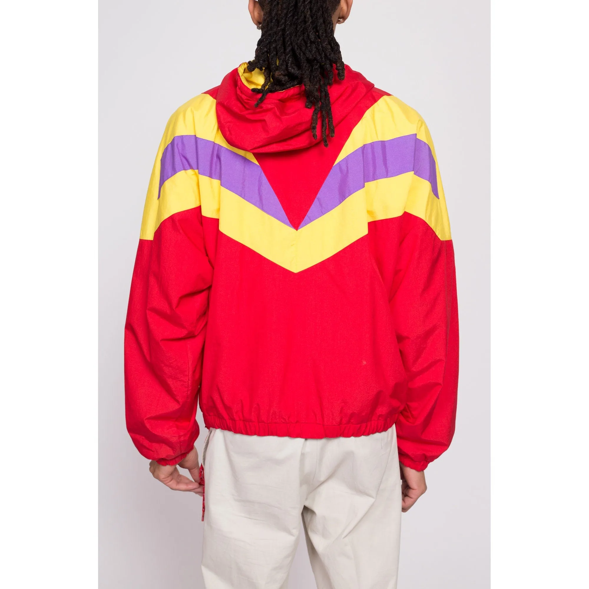 80s Red Color Block Windbreaker Hoodie - Men's Medium