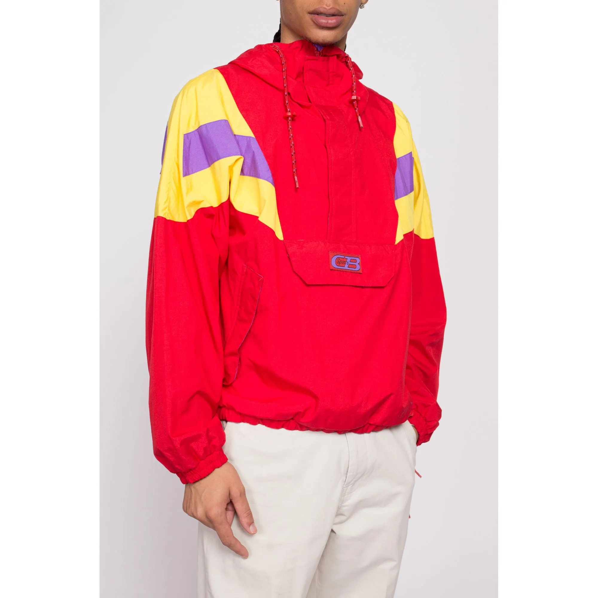 80s Red Color Block Windbreaker Hoodie - Men's Medium