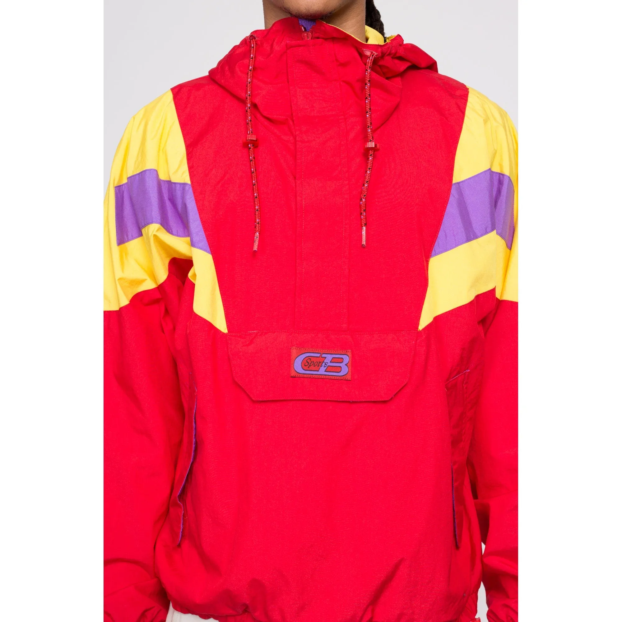 80s Red Color Block Windbreaker Hoodie - Men's Medium