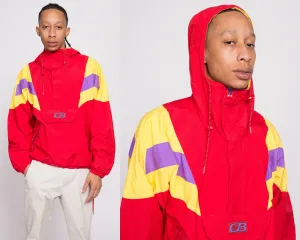 80s Red Color Block Windbreaker Hoodie - Men's Medium