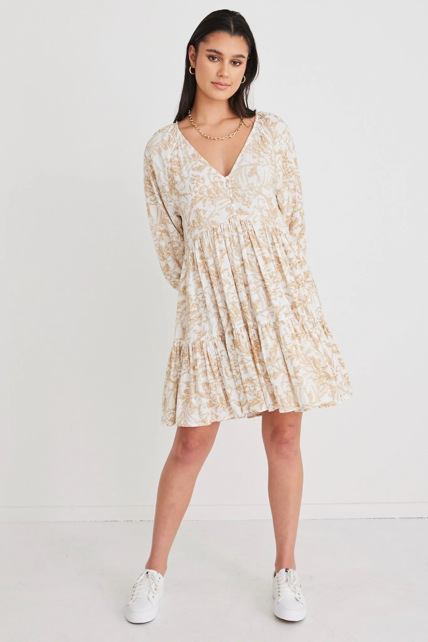 Airy Ginger Baroque Print V Neck Mini Dress