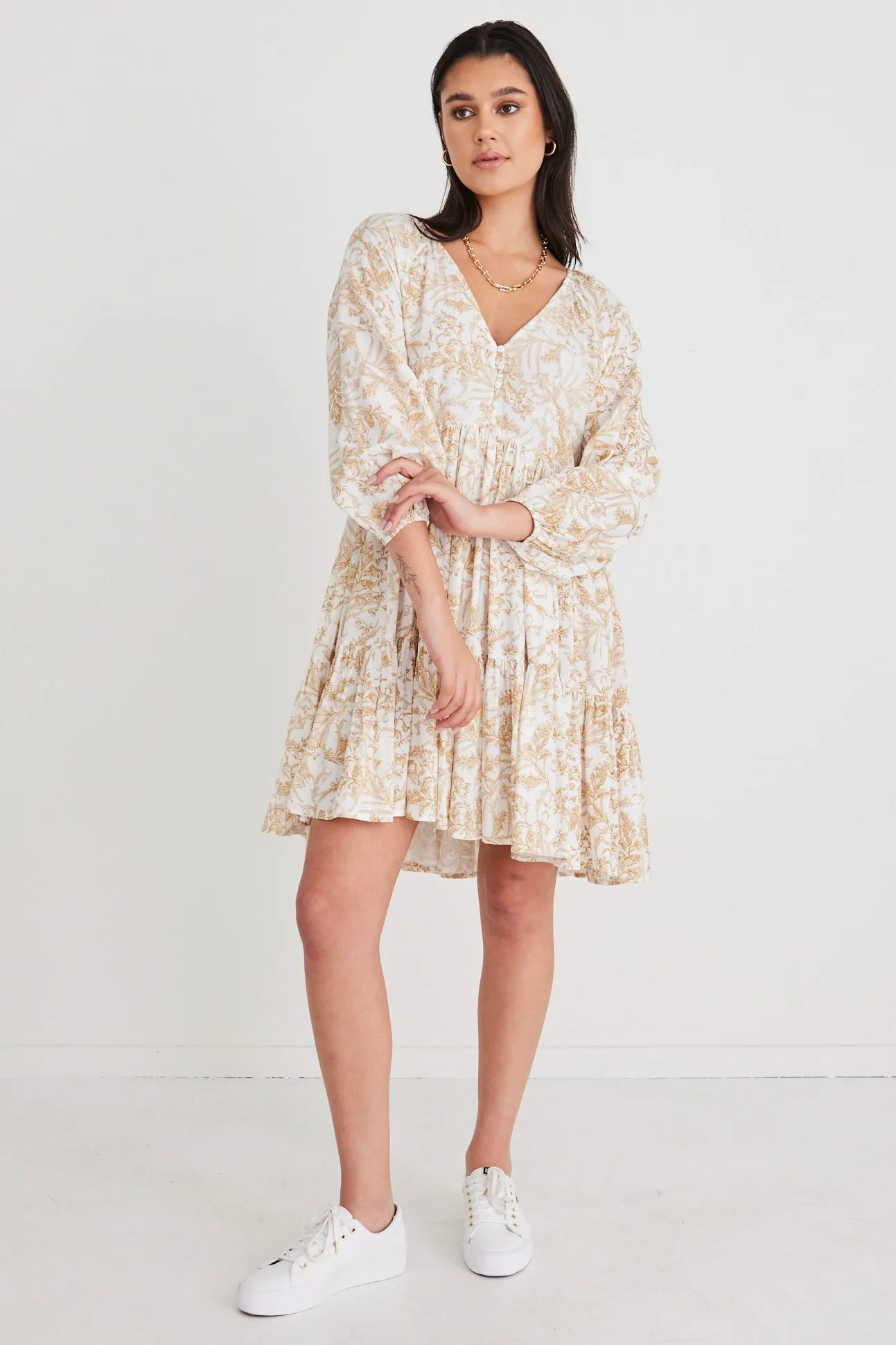 Airy Ginger Baroque Print V Neck Mini Dress