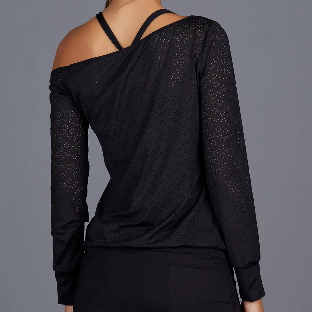 All Season Sheer Off-one-Shoulder Pullover Top (black)