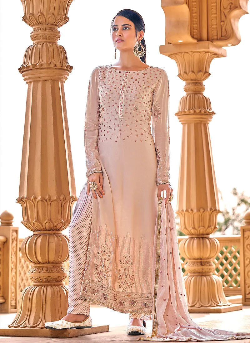 Baby Pink Embroidered Georgette Pant Style Suit