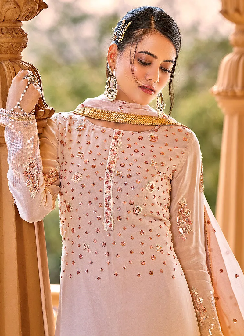 Baby Pink Embroidered Georgette Pant Style Suit