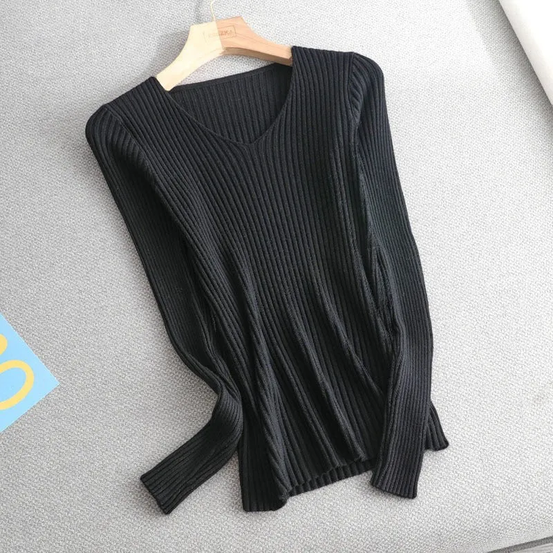 Basic V-neck Solid Sweater Pullover Women Female Knitted Sweater