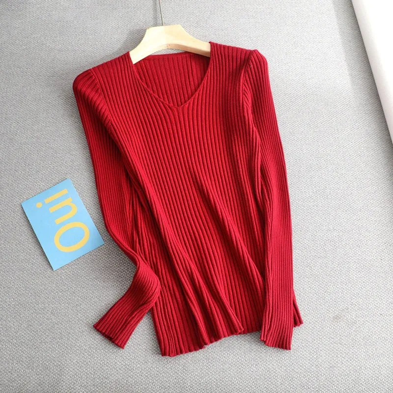 Basic V-neck Solid Sweater Pullover Women Female Knitted Sweater