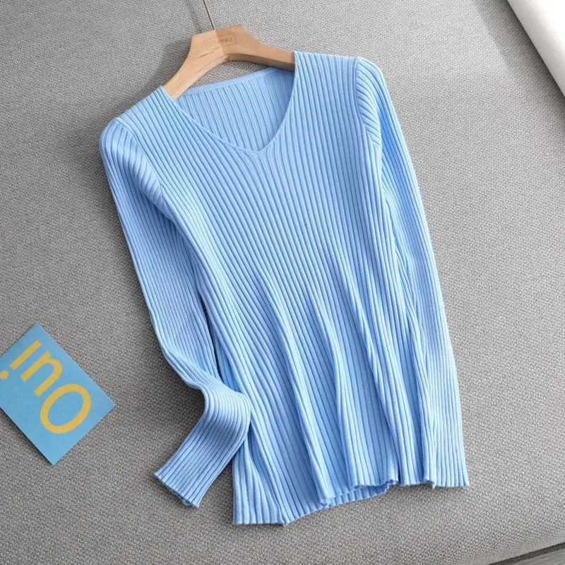 Basic V-neck Solid Sweater Pullover Women Female Knitted Sweater