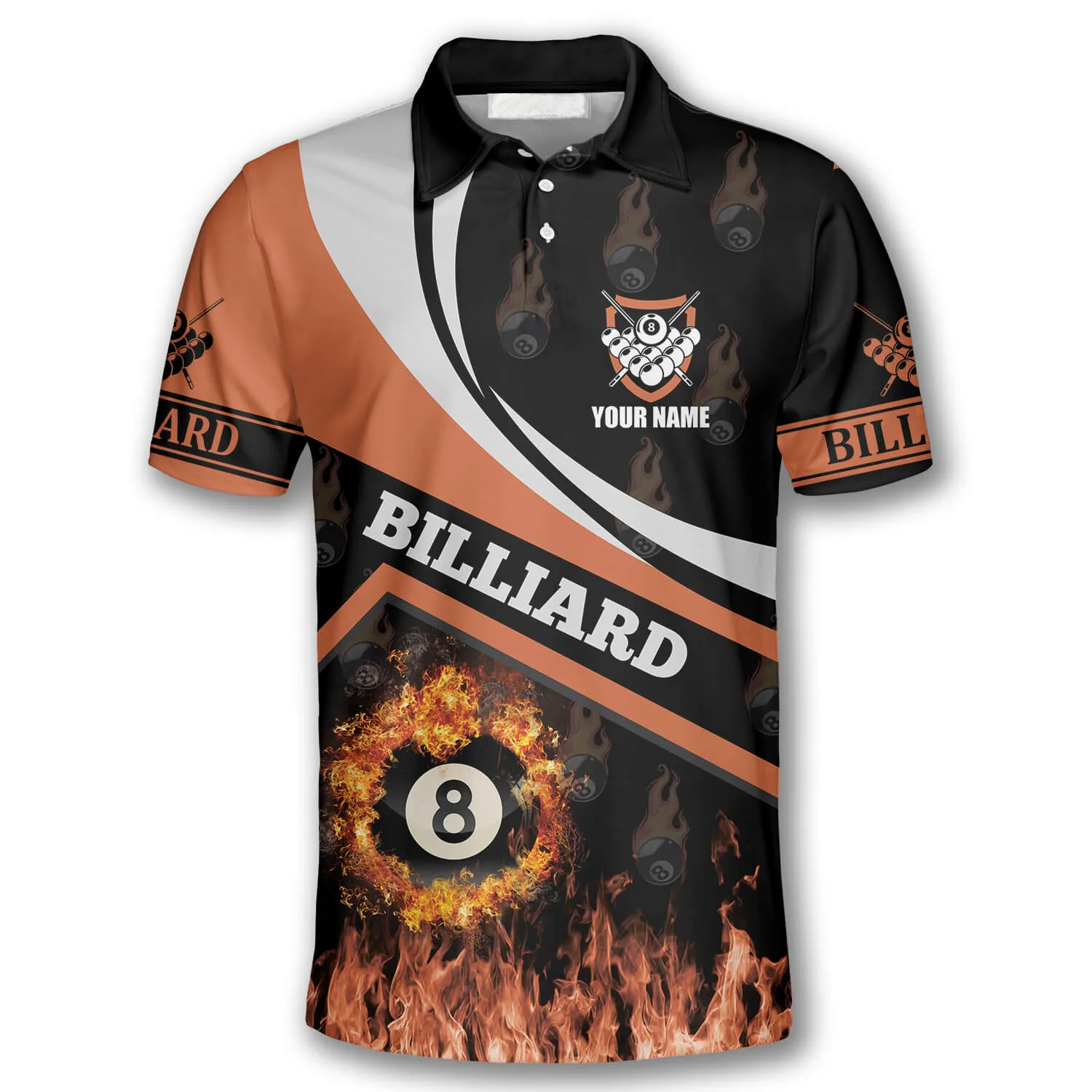 Billiard Fire Flame Orange Style Custom Billiard Shirts for Men, Custom Billiard Shirts for Team, Men's Billiard Polo Shirts