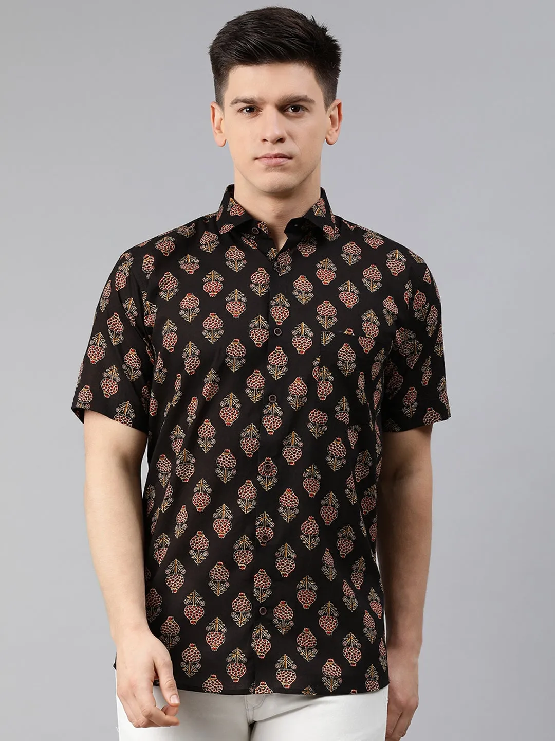 Black Cotton Short Sleeves Shirts For Men-Mmh009