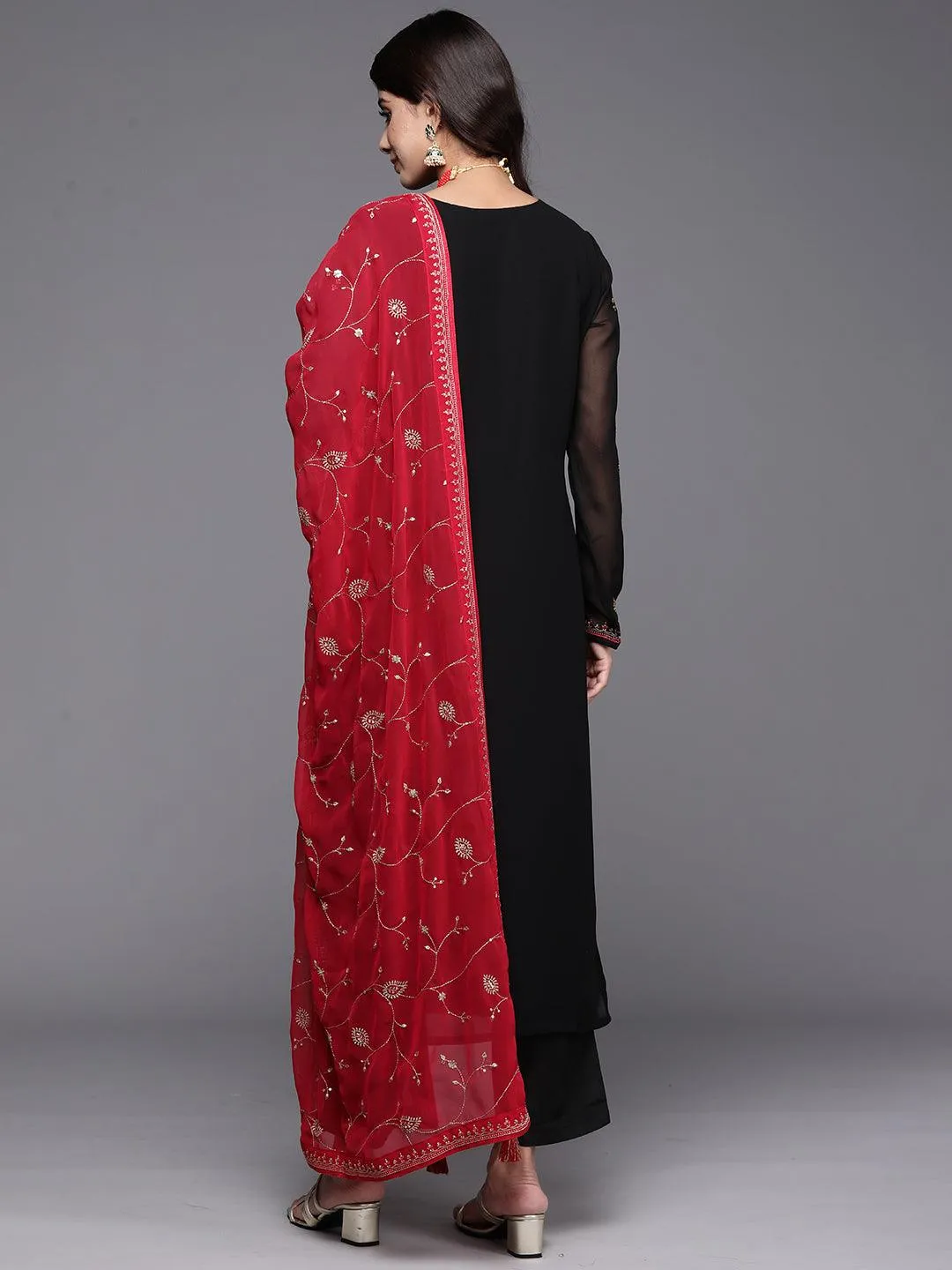 Black Embroidered Georgette Straight Suit With Dupatta