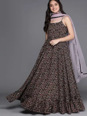 Black Floral Printed Anarkali Kurta with Net Ruffled Dupatta