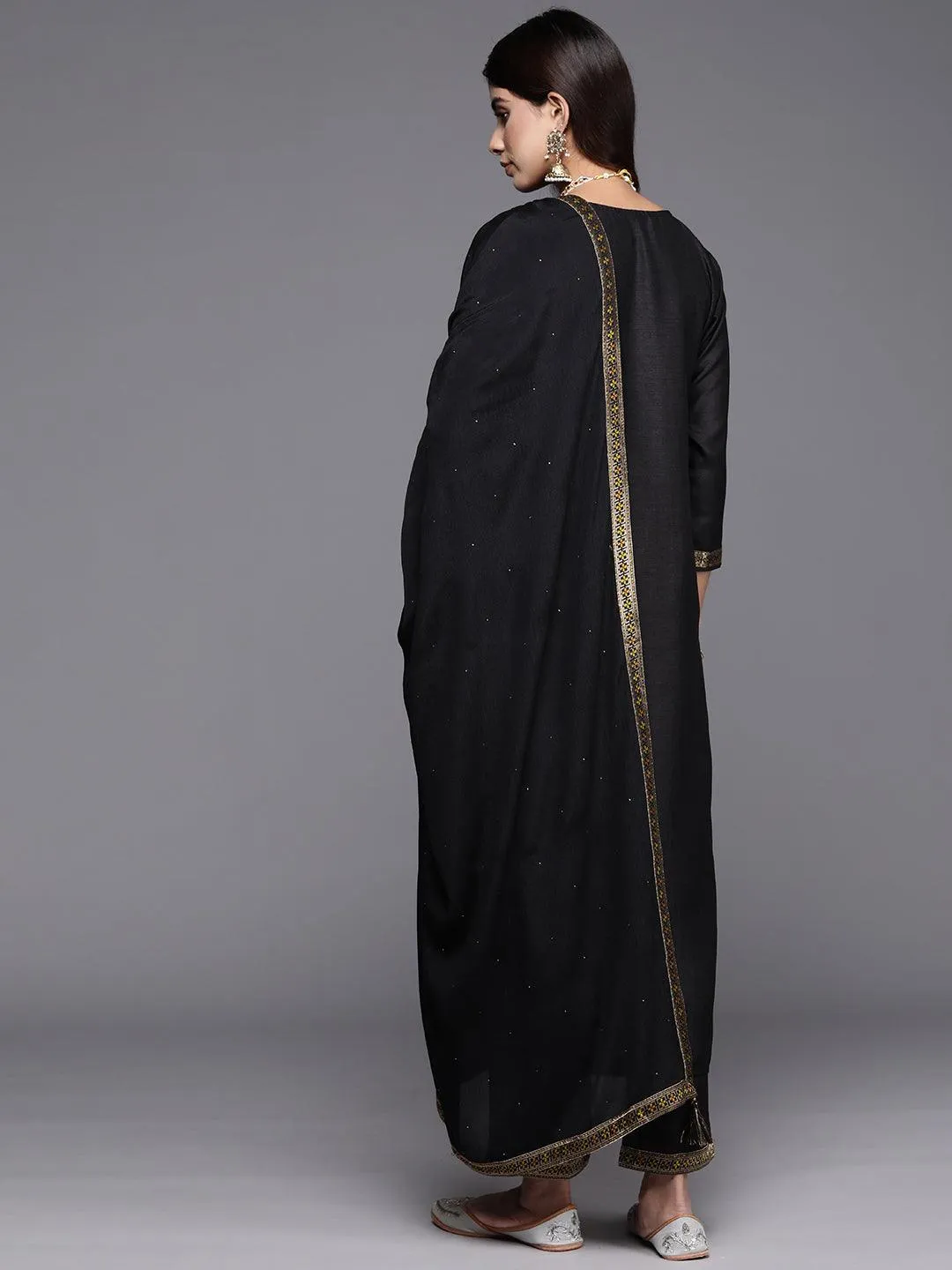 Black Woven Design Silk Blend Straight Suit With Dupatta