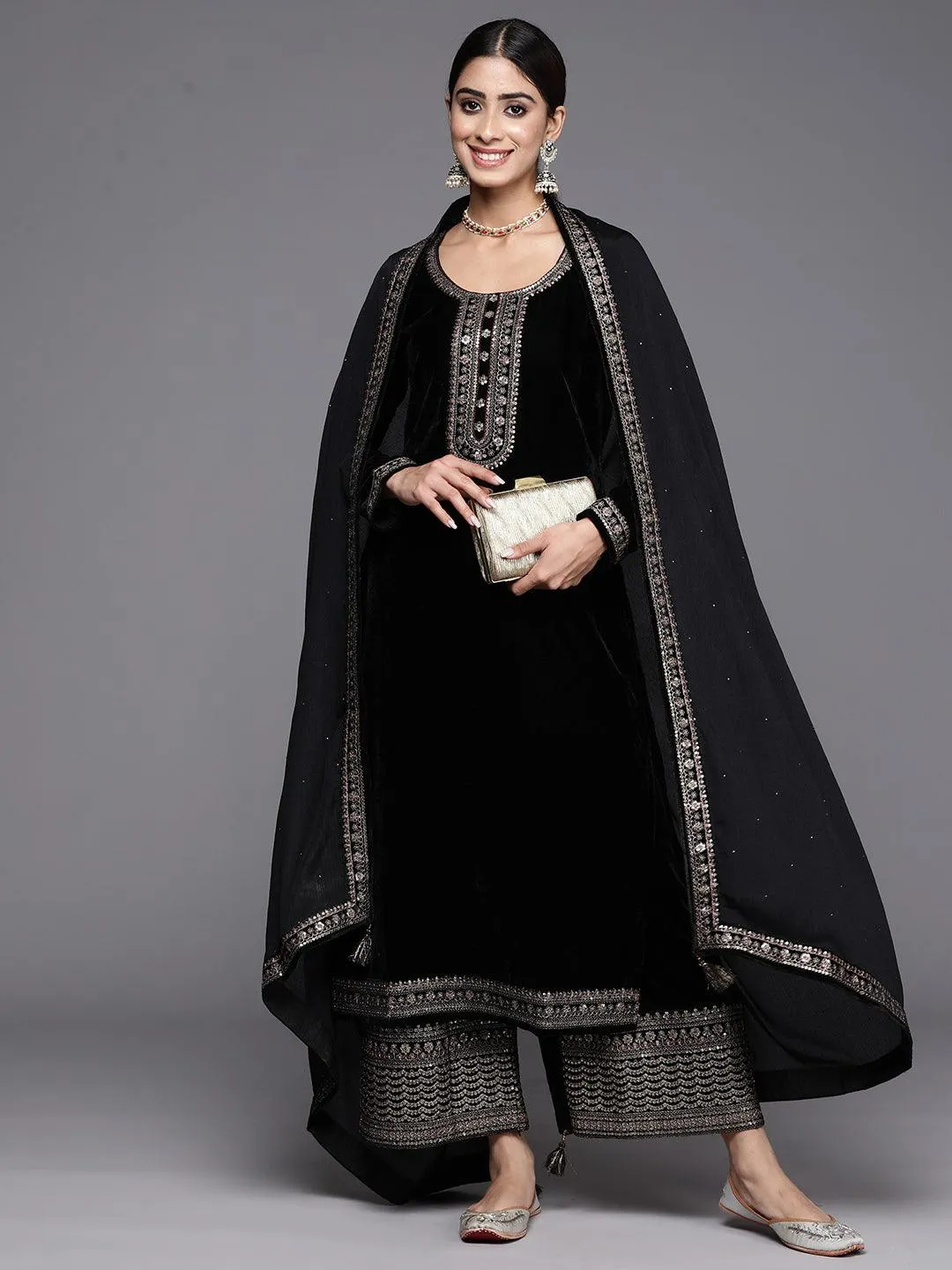 Black Yoke Design Velvet Straight Suit With Dupatta