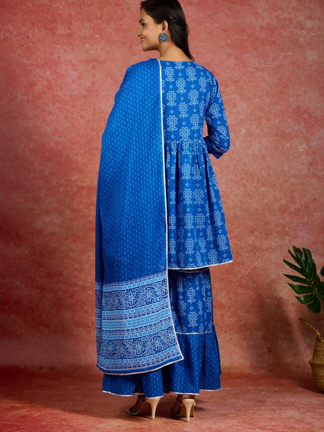 Blue Printed Cotton A-Line Sharara Suit Set With Dupatta