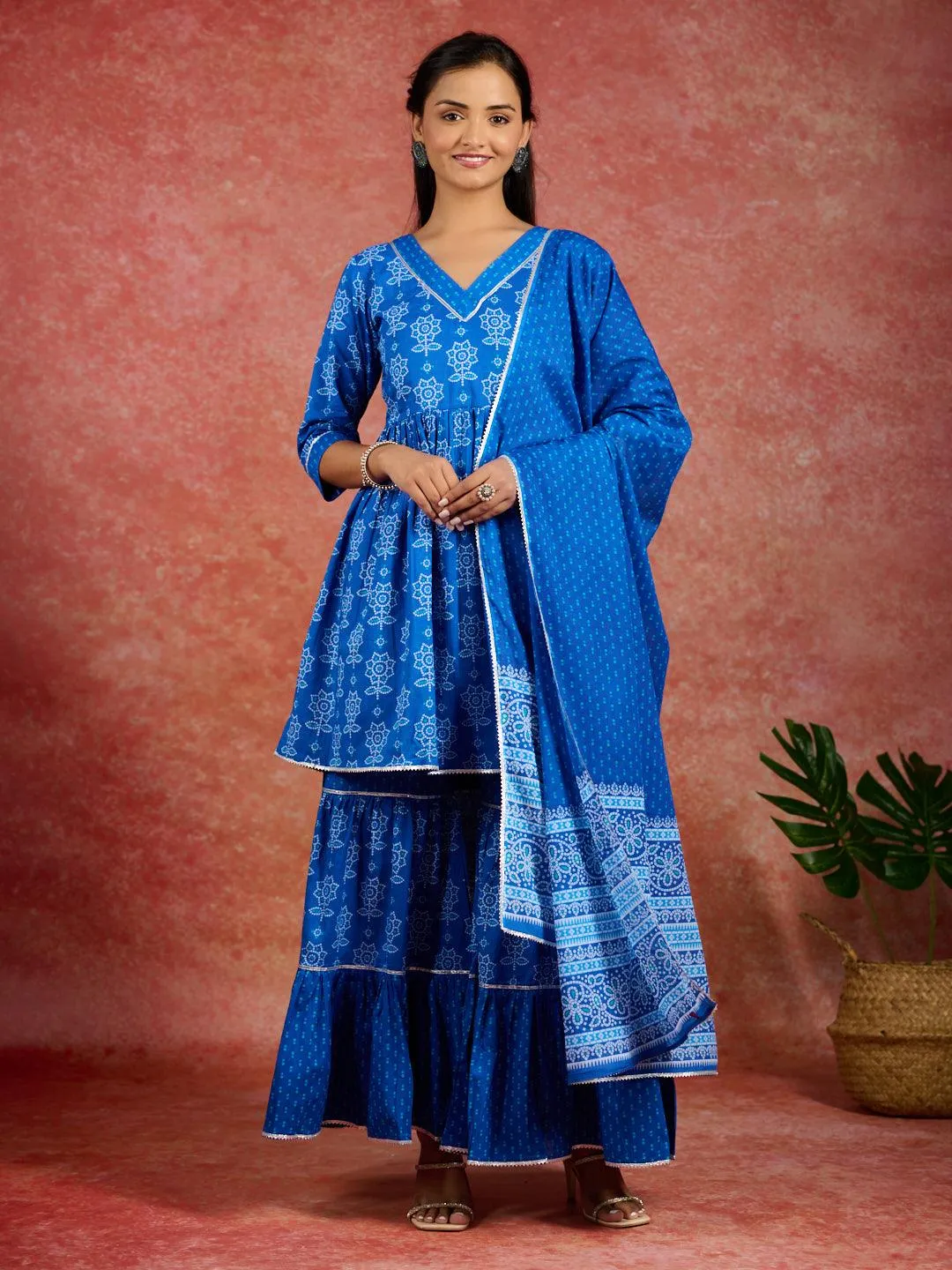 Blue Printed Cotton A-Line Sharara Suit Set With Dupatta