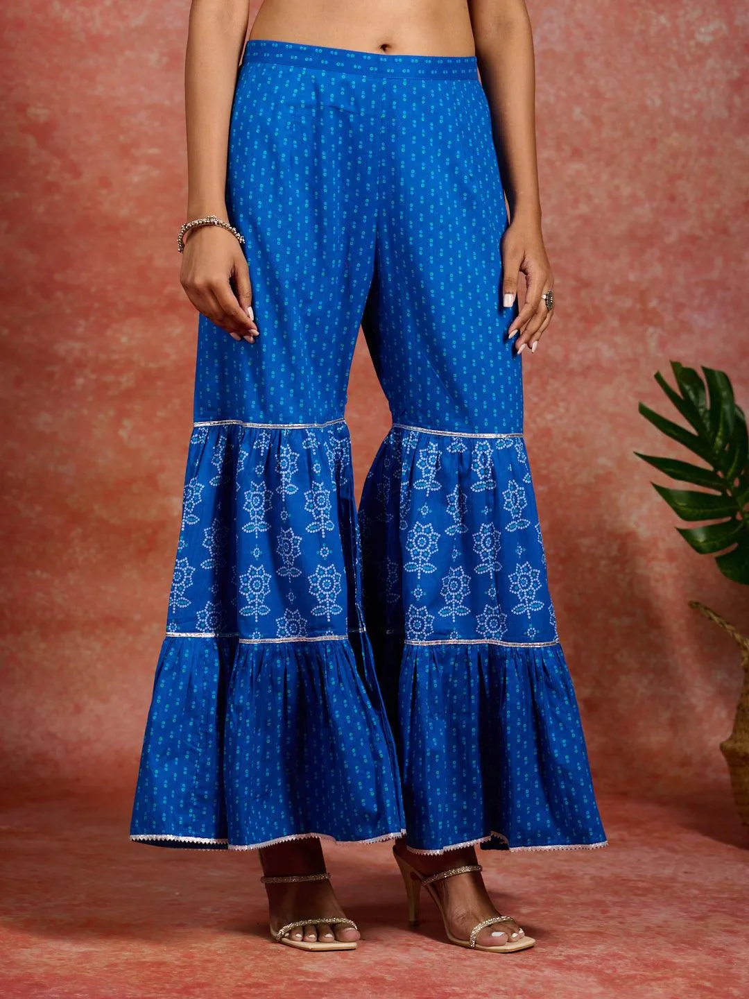 Blue Printed Cotton A-Line Sharara Suit Set With Dupatta