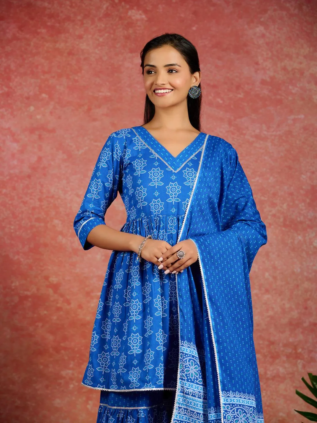 Blue Printed Cotton A-Line Sharara Suit Set With Dupatta