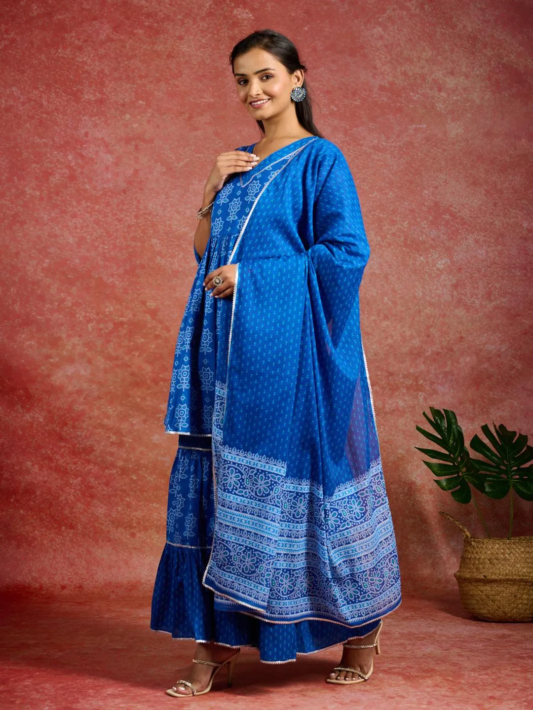 Blue Printed Cotton A-Line Sharara Suit Set With Dupatta