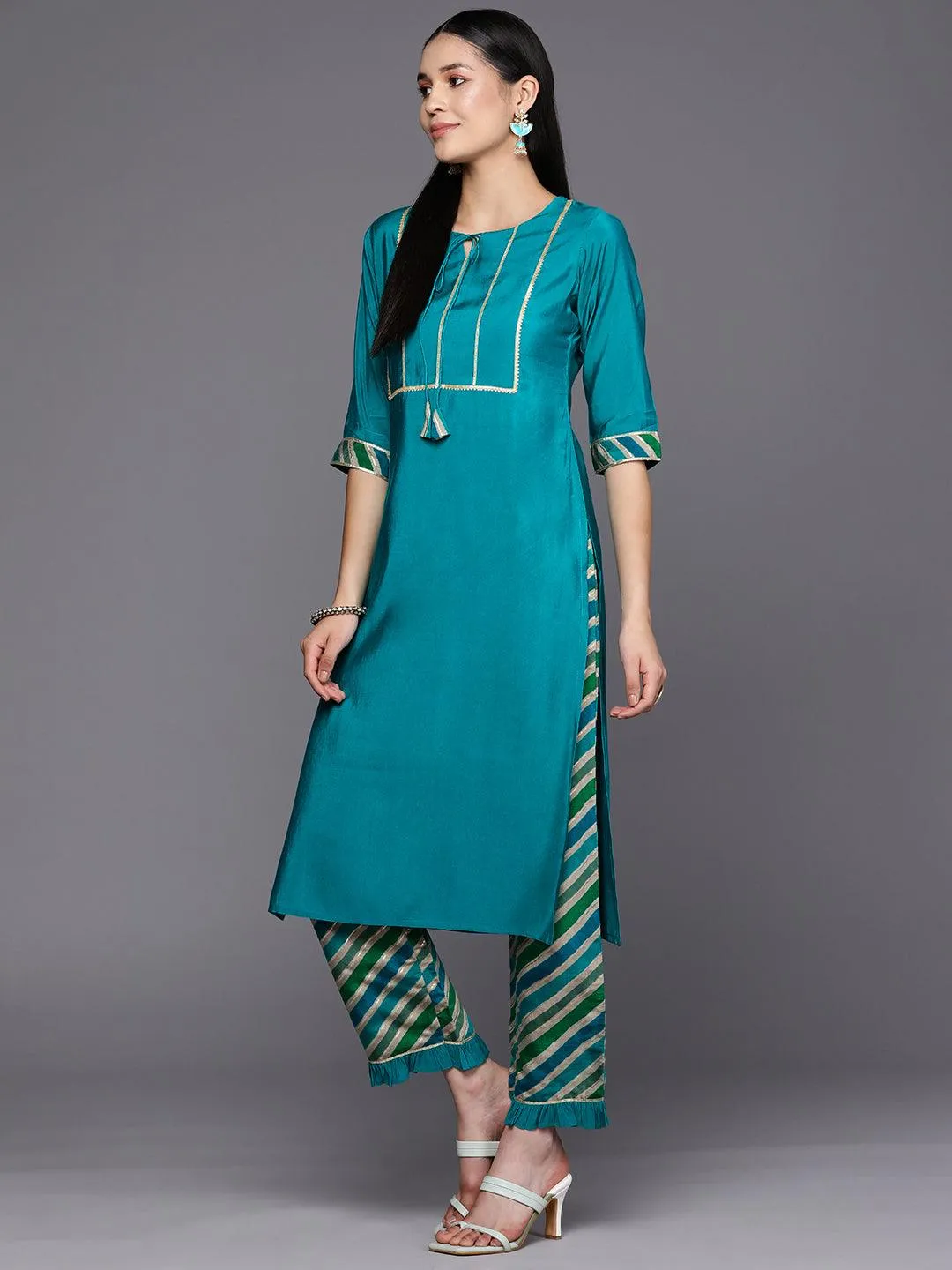 Blue Yoke Design Silk Blend Straight Kurta With Trousers & Dupatta