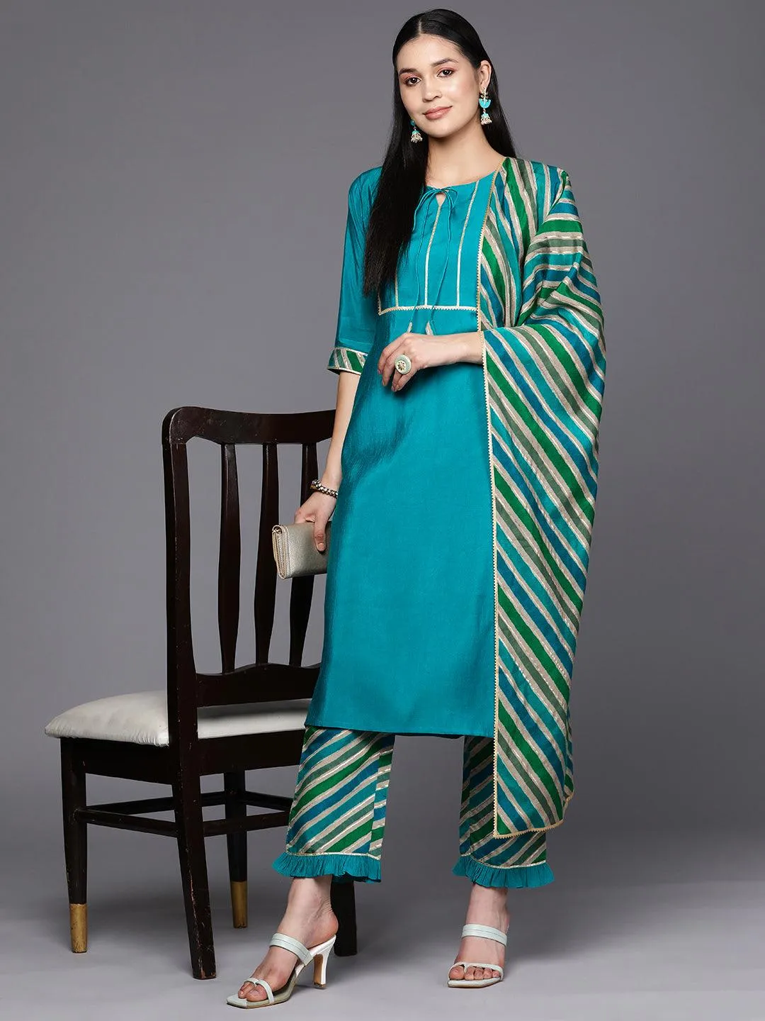 Blue Yoke Design Silk Blend Straight Kurta With Trousers & Dupatta