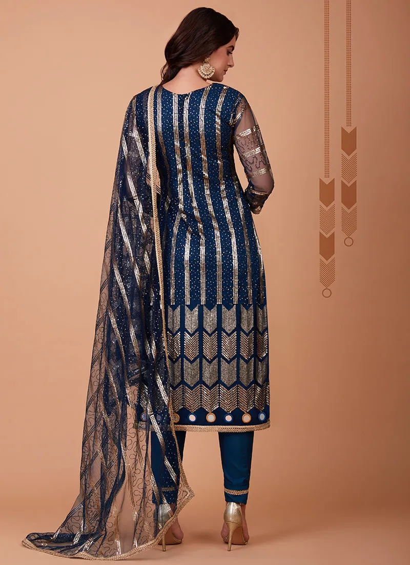 Blue Zari And Sequence Embroidery Pant Style Suit