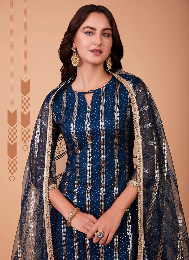 Blue Zari And Sequence Embroidery Pant Style Suit