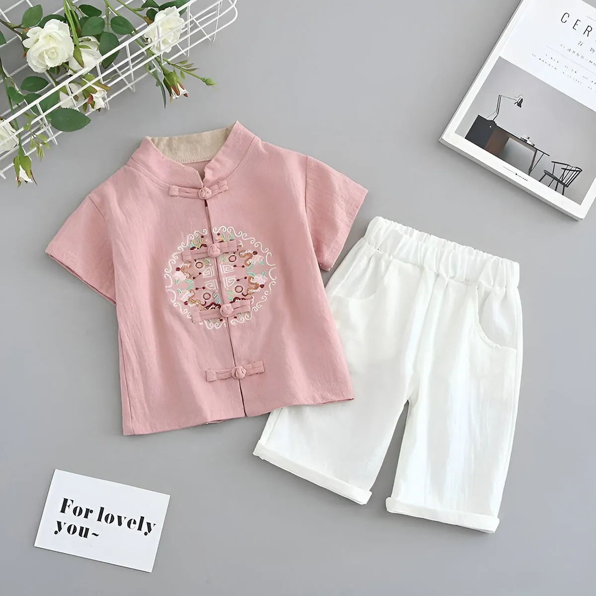 Boys Short Sleeve Hanfu Shorts Two Piece Set