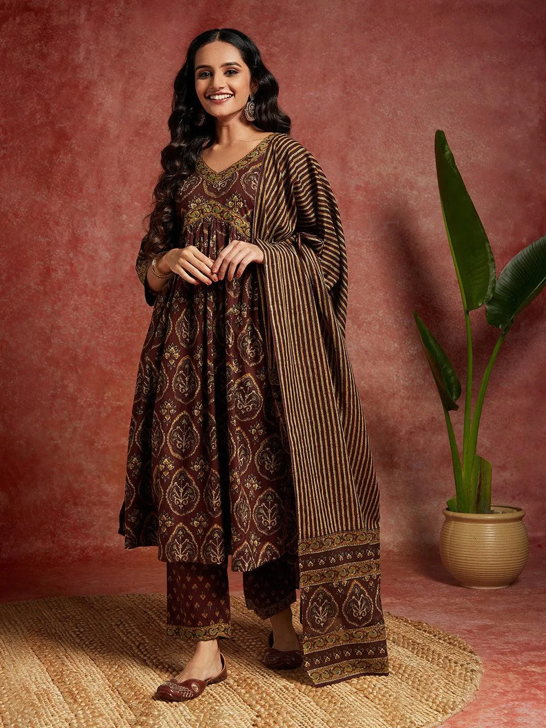 Brown Printed Cotton A-Line Kurta With Trousers & Dupatta