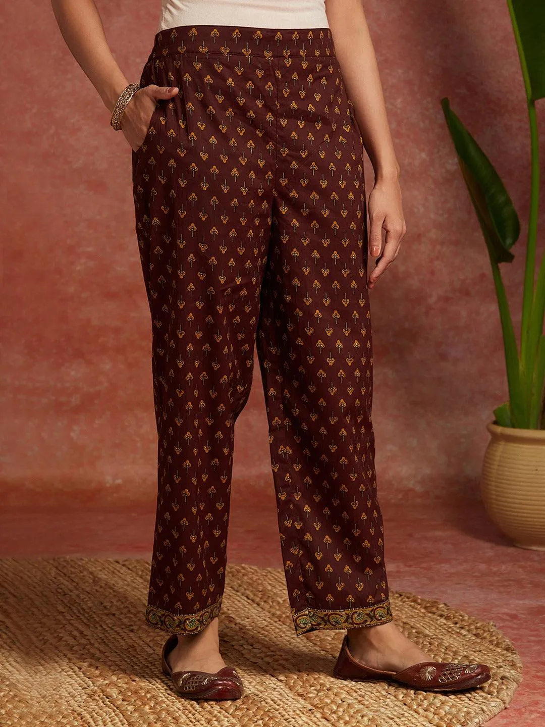 Brown Printed Cotton A-Line Kurta With Trousers & Dupatta