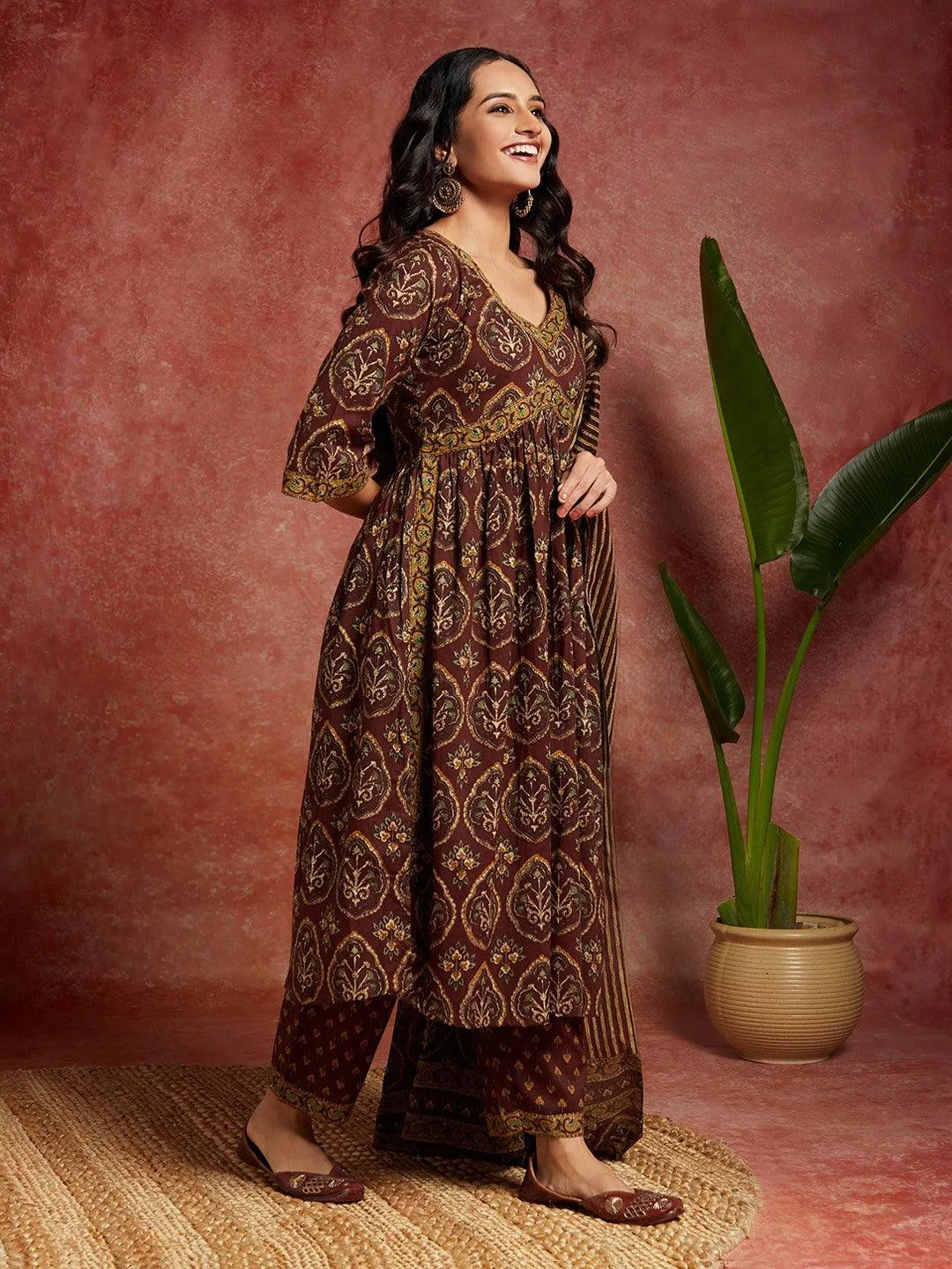 Brown Printed Cotton A-Line Kurta With Trousers & Dupatta