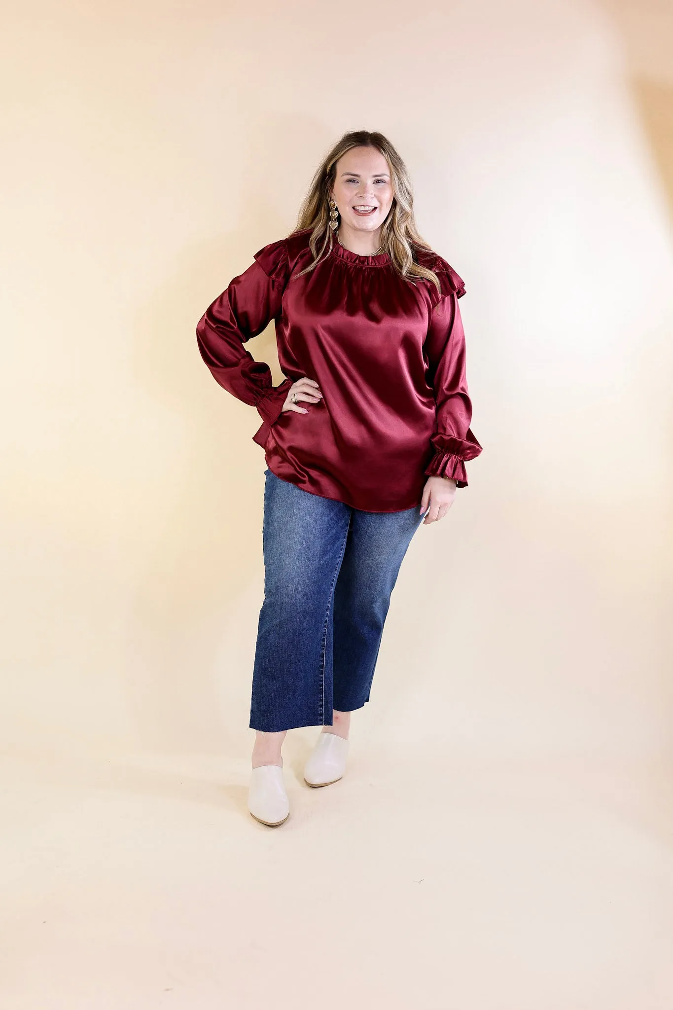 Can't Stop Me Ruffle Mock Neck Long Sleeve Satin Top in Maroon