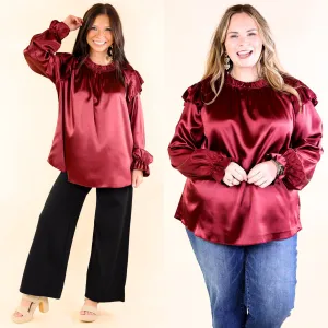 Can't Stop Me Ruffle Mock Neck Long Sleeve Satin Top in Maroon