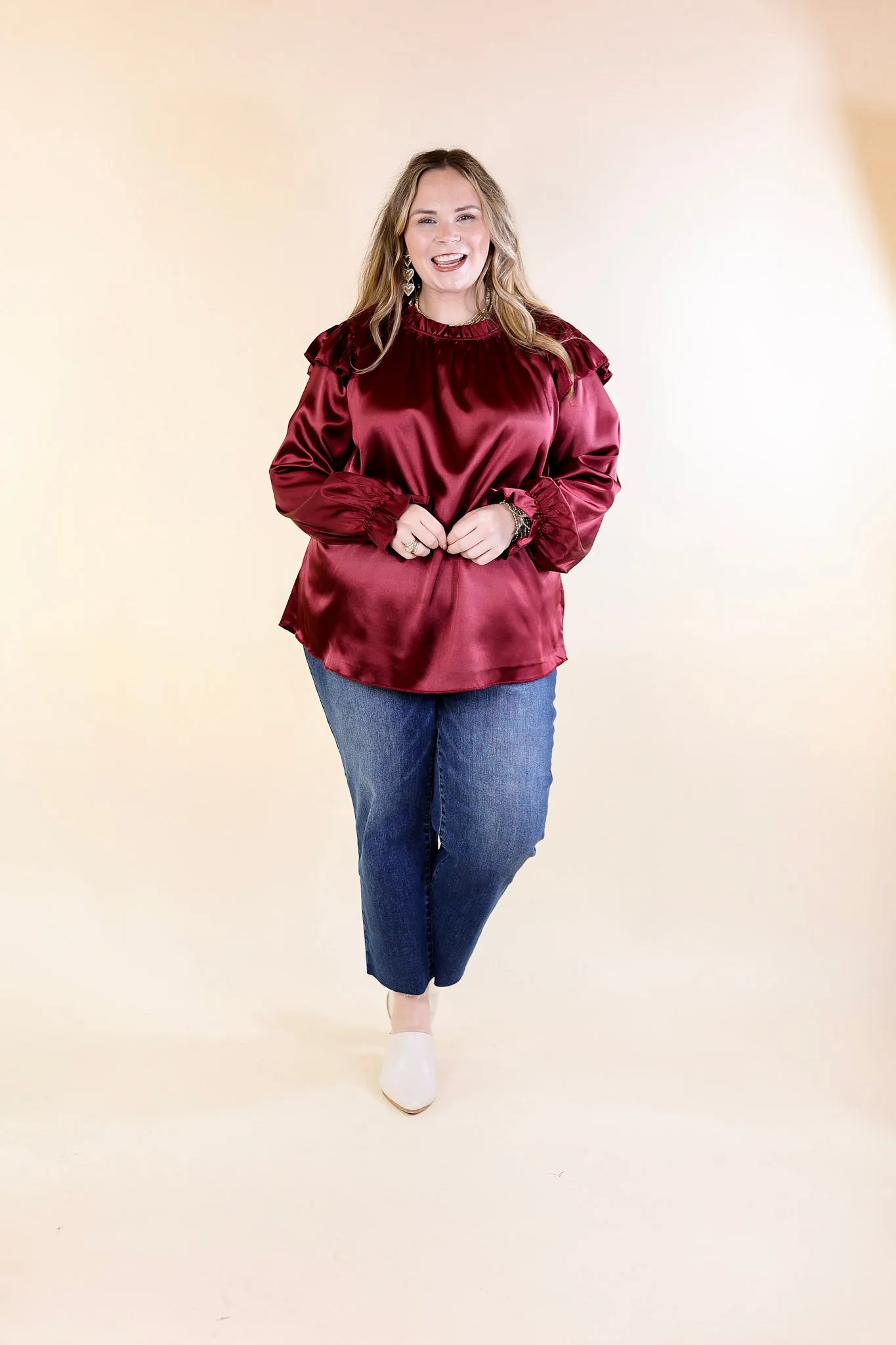 Can't Stop Me Ruffle Mock Neck Long Sleeve Satin Top in Maroon