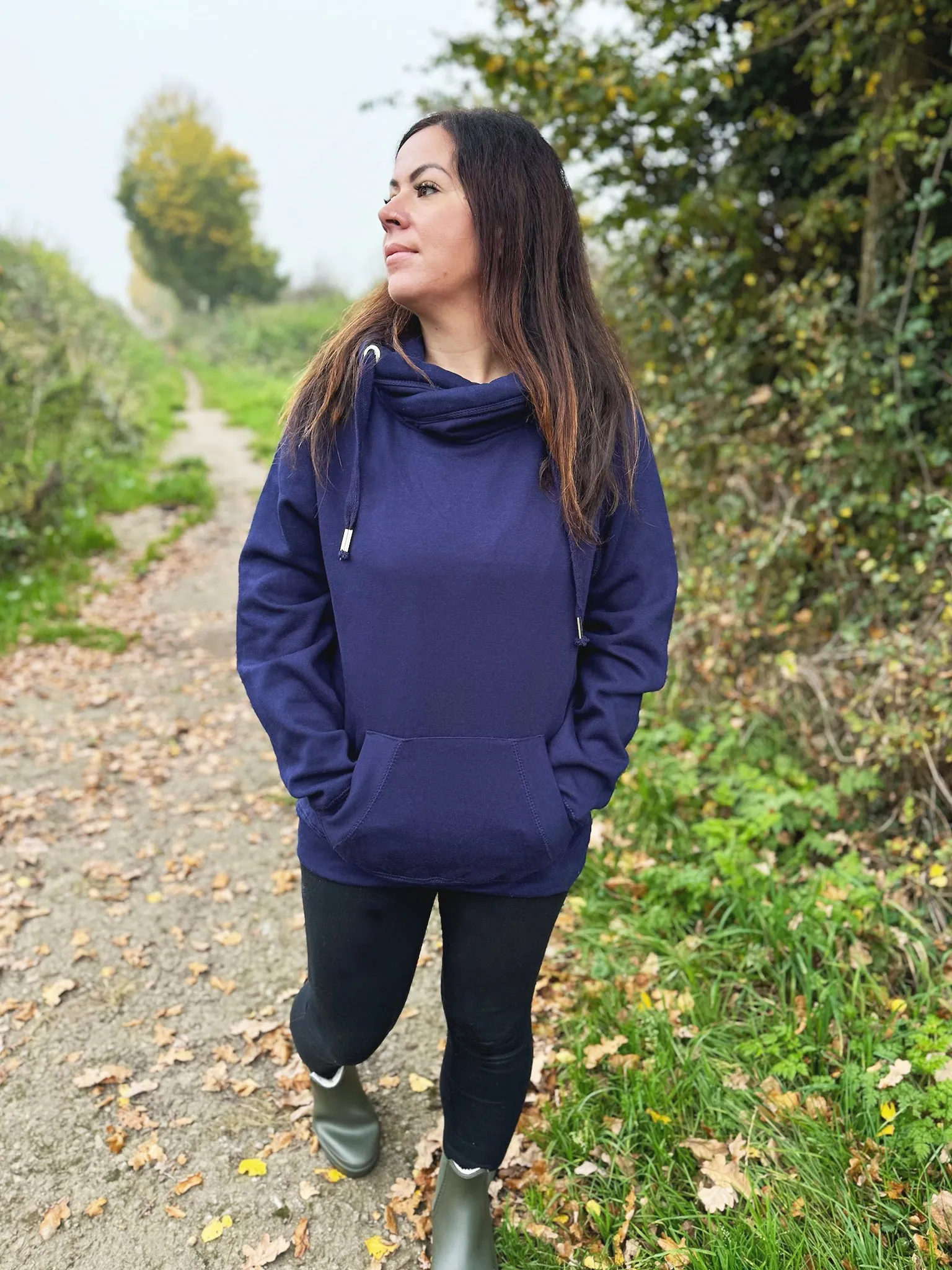 Classic Plain Cowl Neck Luxe Hoodie - Navy