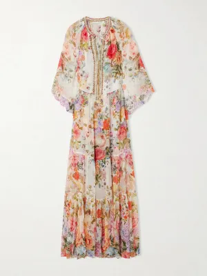 Crystal-embellished tiered ruffled floral-print silk-crepon maxi dress