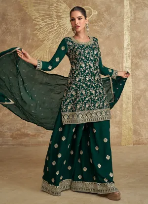 Dark Green Embroidery Designer Sharara Suit