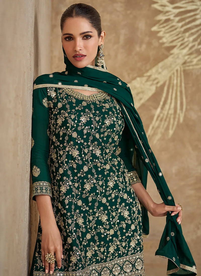 Dark Green Embroidery Designer Sharara Suit