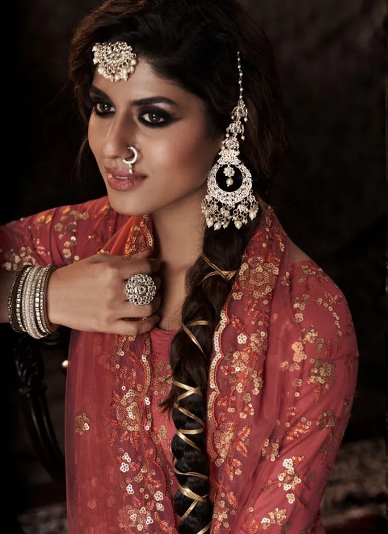 Deep Orange Sequence Embroidered Sharara Suit