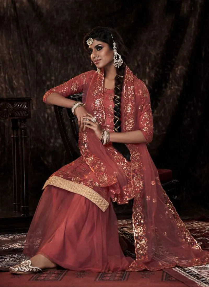 Deep Orange Sequence Embroidered Sharara Suit