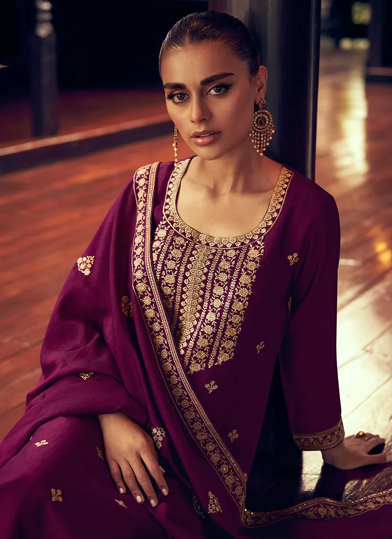 Deep Purple Sequence Embroidery Traditional Palazzo Suit