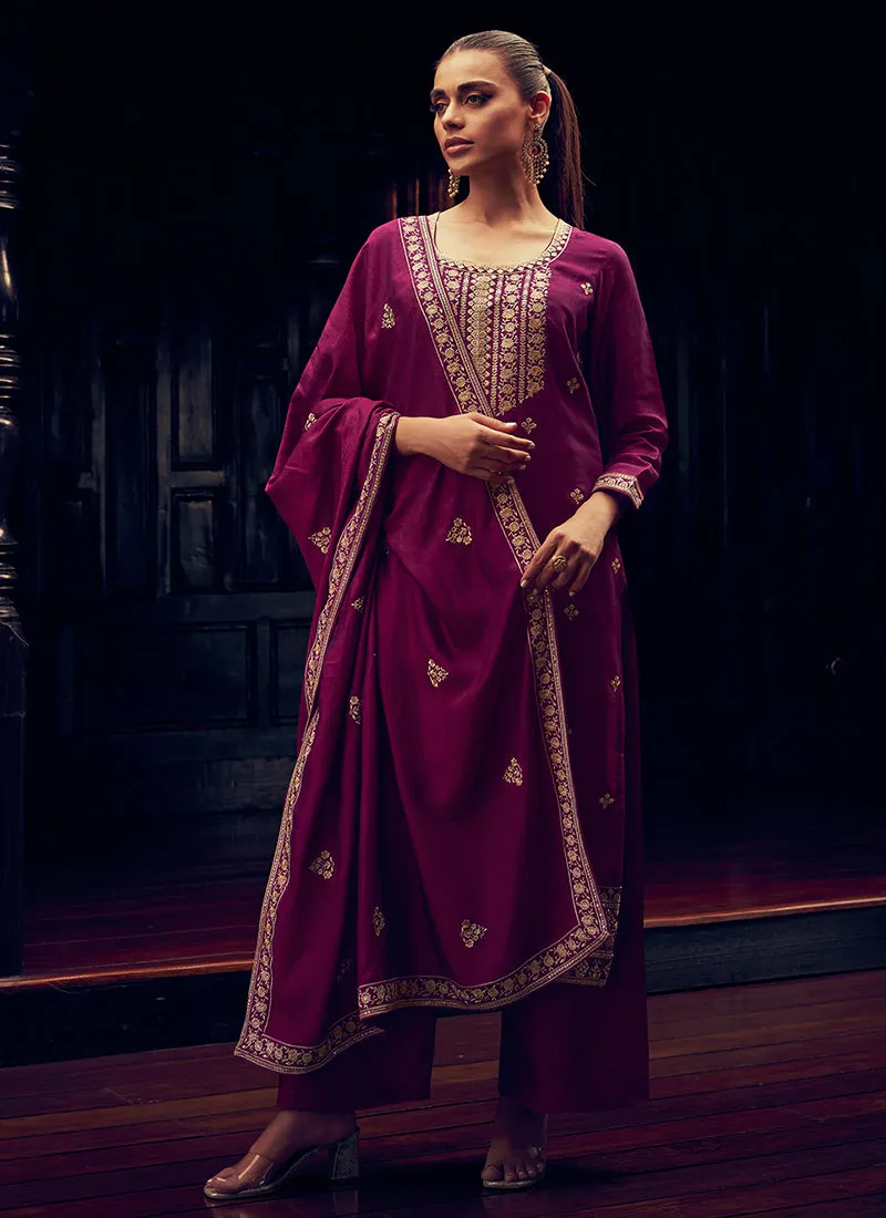 Deep Purple Sequence Embroidery Traditional Palazzo Suit