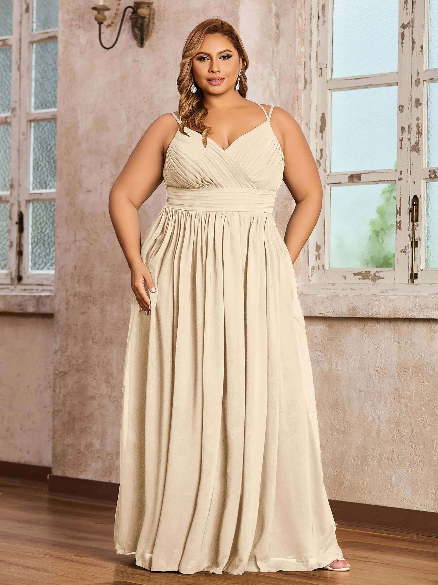 Double Straps Chiffon Dresses with Sweetheart Champagne Plus Size