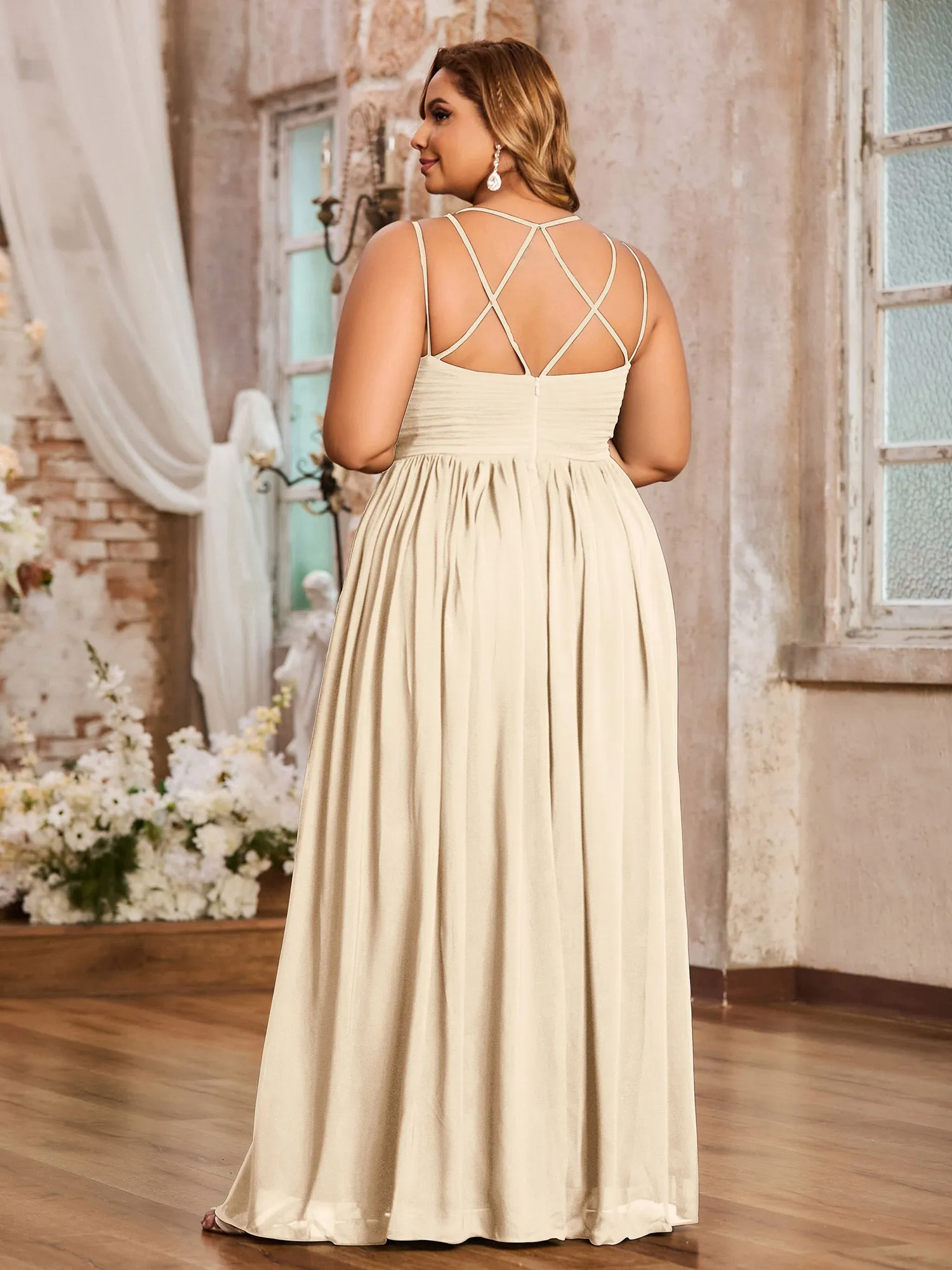 Double Straps Chiffon Dresses with Sweetheart Champagne Plus Size