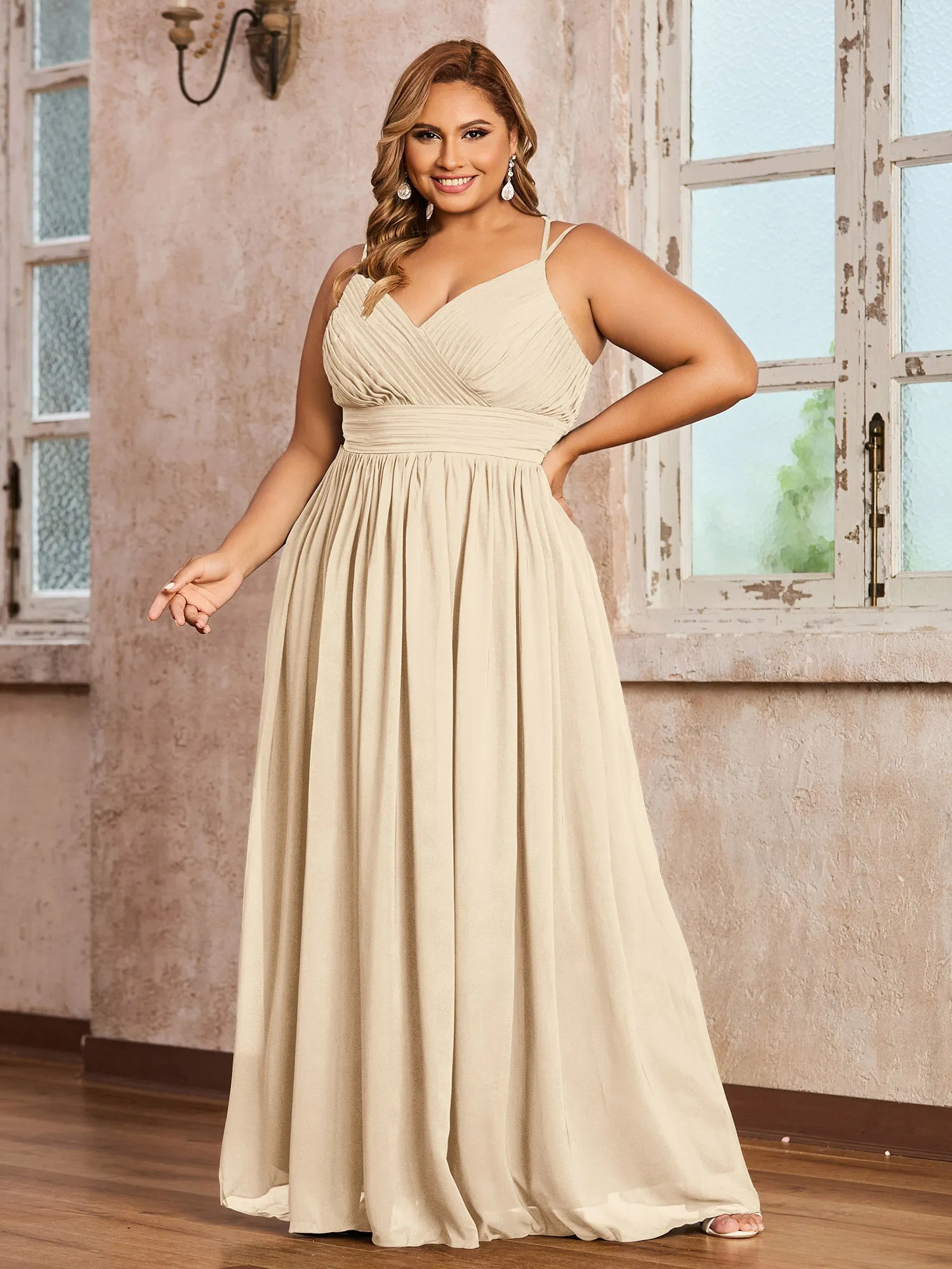 Double Straps Chiffon Dresses with Sweetheart Champagne Plus Size