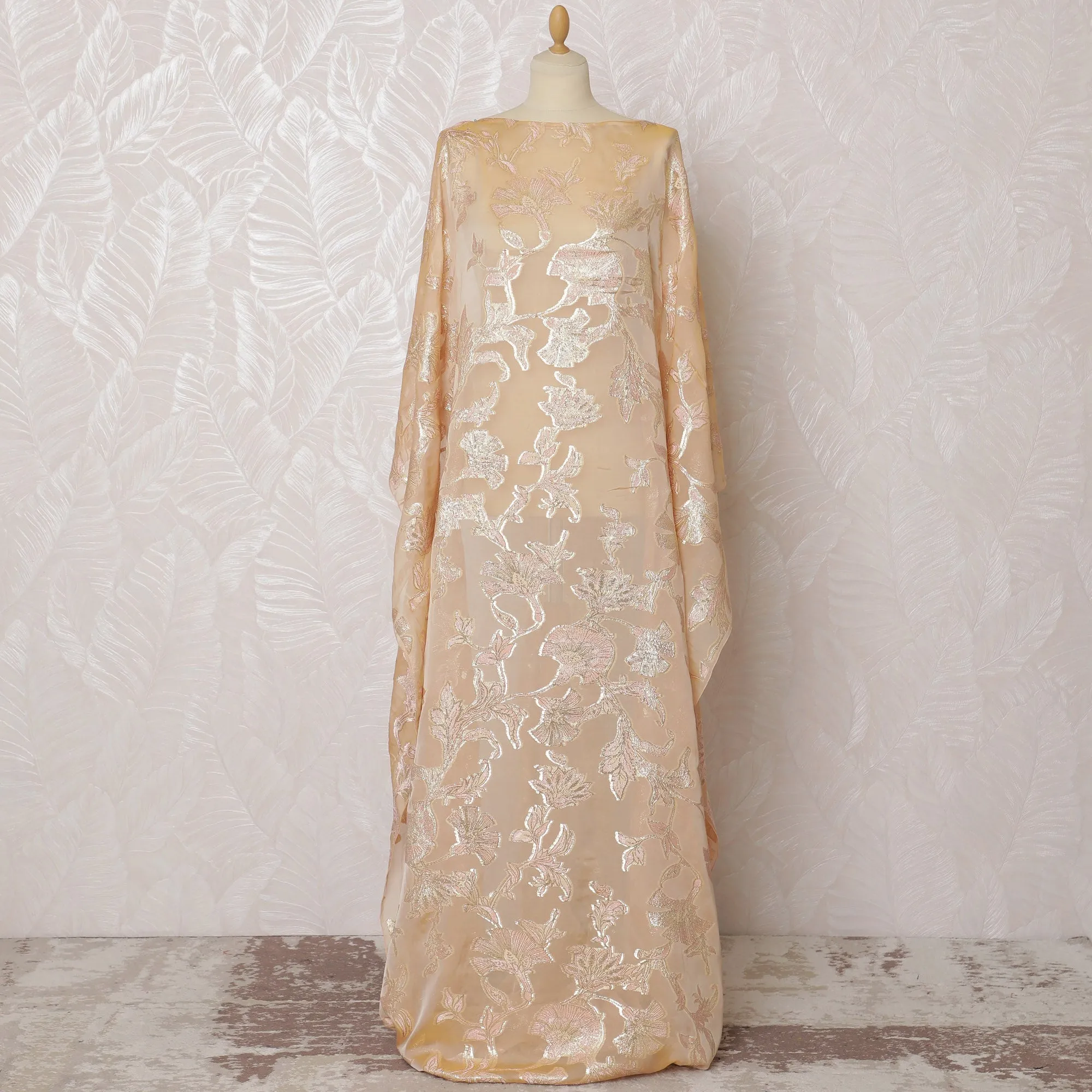 Elegant Peach Floral French Silk Chiffon Fabric with Metallic Lurex, 140 cm Width-D19692