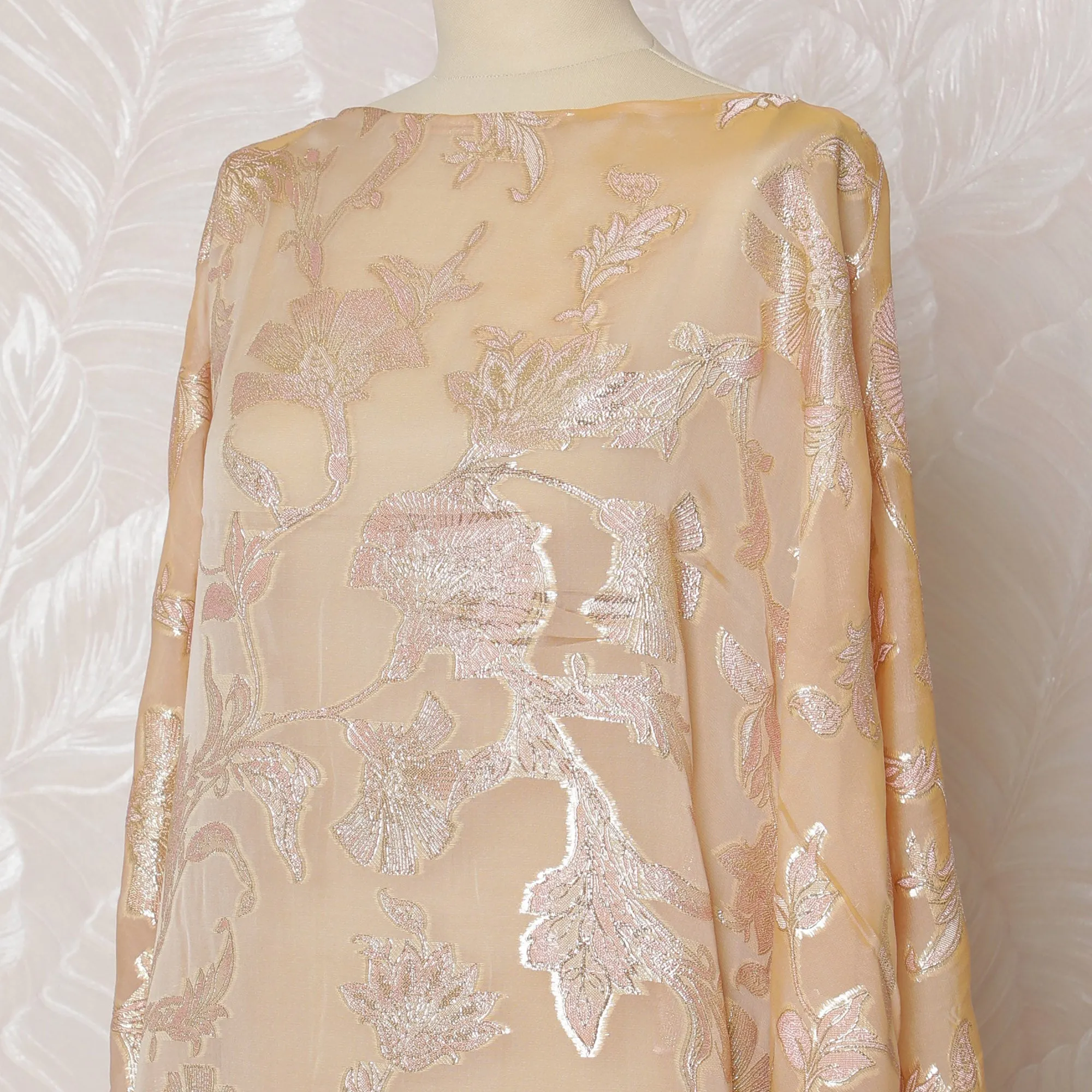 Elegant Peach Floral French Silk Chiffon Fabric with Metallic Lurex, 140 cm Width-D19692