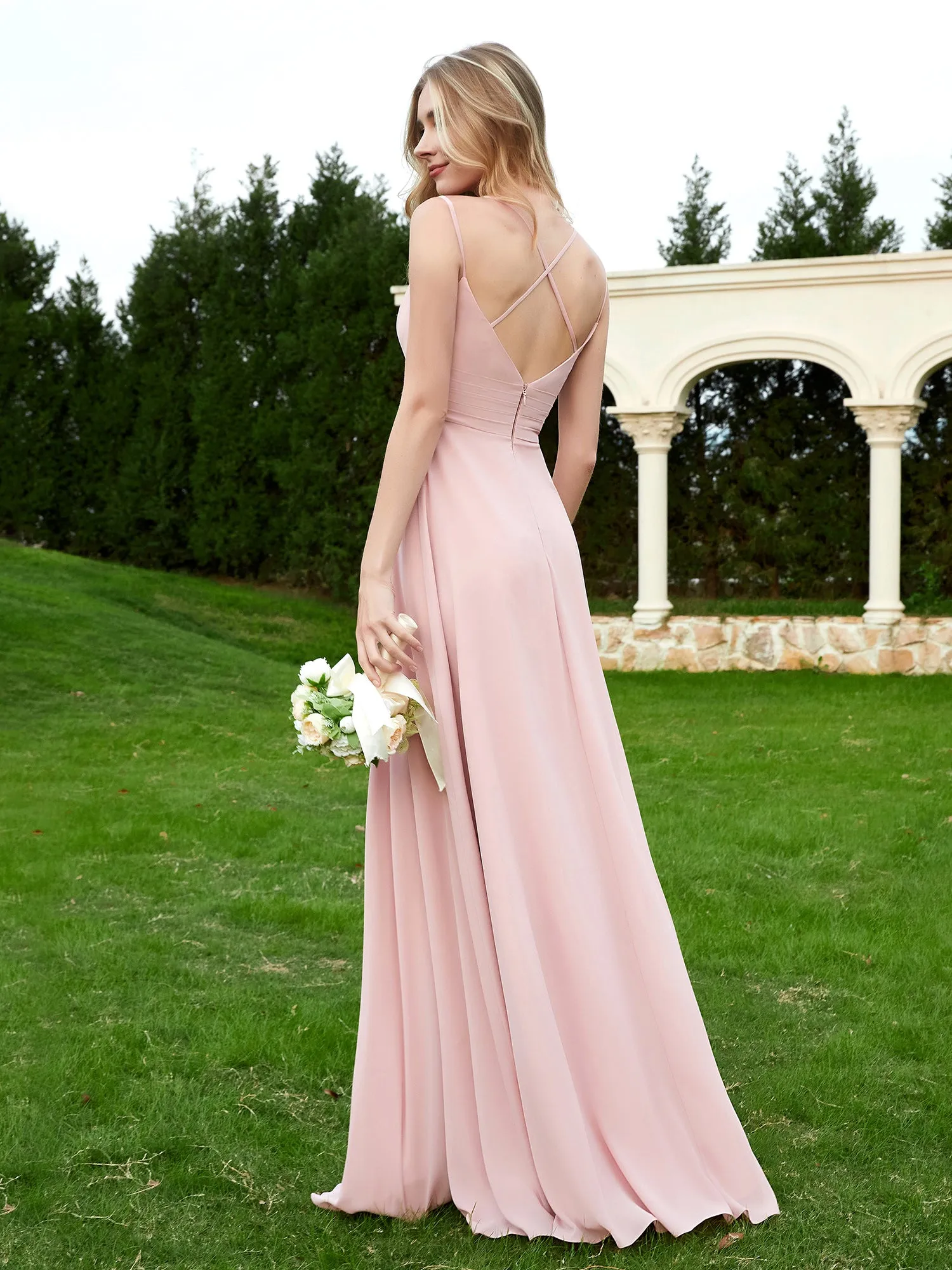 Floor Length V Neck Chiffon Bridesmaid Gown Dusty Rose